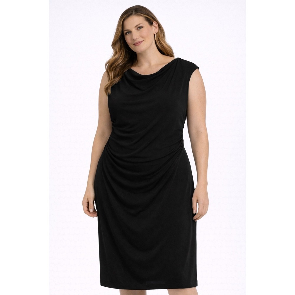 David Meister Black Dress Cowl Neck Sleeveless‎ Ruched Sheath Dress 12